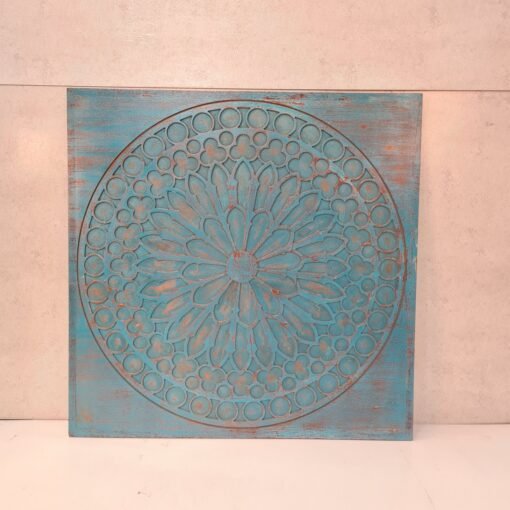 Handmade handcarved indian furniture solid wood wall panel mandala carvings rustic blue 105x5x105cm - Image 2