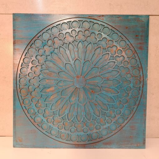 Handmade handcarved indian furniture solid wood wall panel mandala carvings rustic blue 105x5x105cm - Image 8
