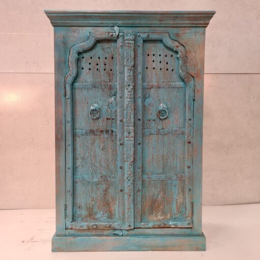 Vintage handcrafted carved indian furniture handmade solid wood cabinet blue 96x47x147cm - Image 2