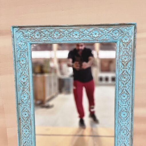 Handmade carved solid hard wood indian furniture mirror frame blue floral 80x3x130cm - Image 7