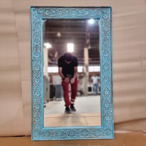 Handmade carved solid hard wood indian furniture mirror frame blue floral 80x3x130cm - Image 9