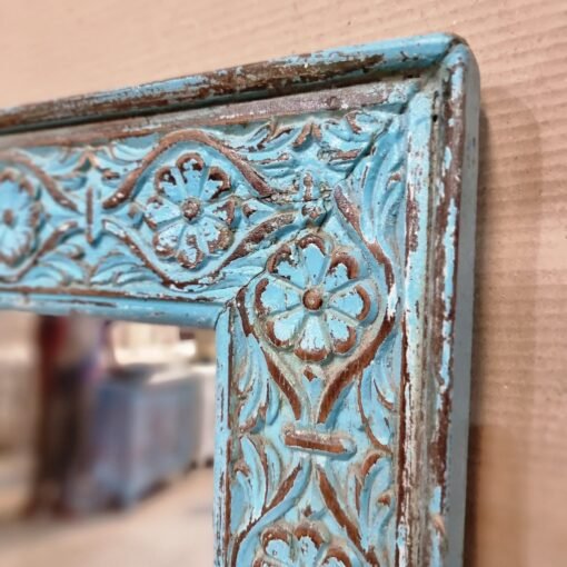 Handmade carved solid hard wood indian furniture mirror frame blue floral 80x3x130cm - Image 10