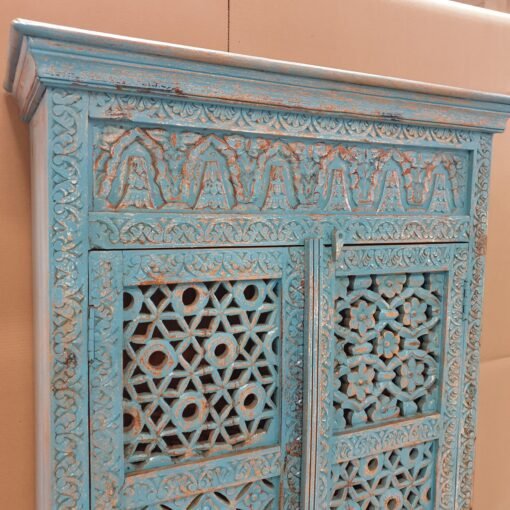 Handcrafted carved indian furniture handmade cabinet solid wood hutch buffet blue jali door 90x40x180cm - Image 8