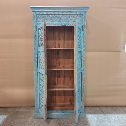 Handcrafted carved indian furniture handmade cabinet solid wood hutch buffet blue jali door 90x40x180cm - Image 6
