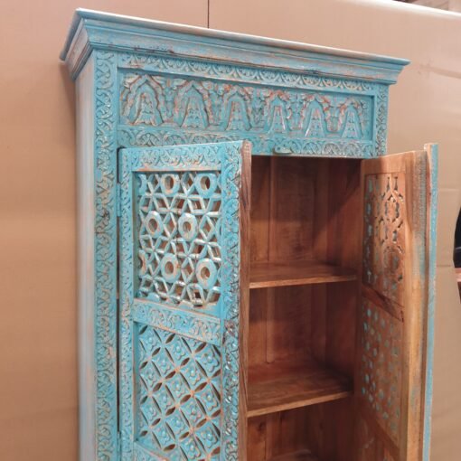 Handcrafted carved indian furniture handmade cabinet solid wood hutch buffet blue jali door 90x40x180cm - Image 4
