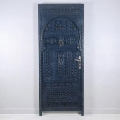 Handmade Carved Indian Style Solid Hard Wood Moroccan Custom Single Panel Door Dark Blue 86x220Cm