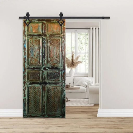 Eclectic Vintage Barn Door Rustic Carved Sage Green Door Panel Sliding Door Architectural Unique Eclectic 250x100cm