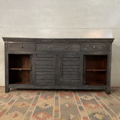 Handcrafted Carved Indian Furniture Handmade Solid Wood Grey Sideboard with 3Drawers 183x40x90Cm - Image 7
