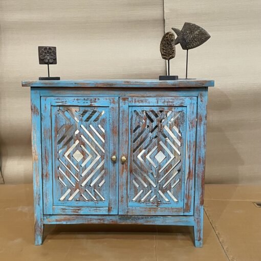 Handcrafted carved indian furniture handmade solid wood blue cabinet 80x30x99cm - Image 3