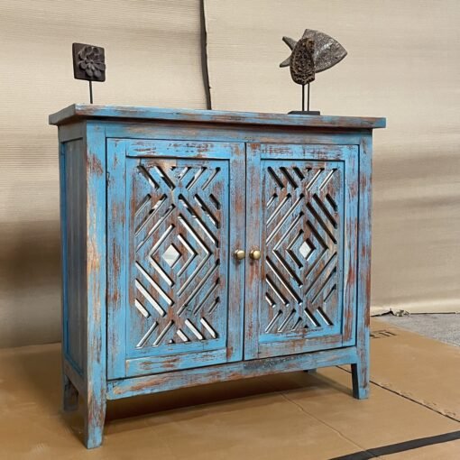 Handcrafted carved indian furniture handmade solid wood blue cabinet 80x30x99cm - Image 5