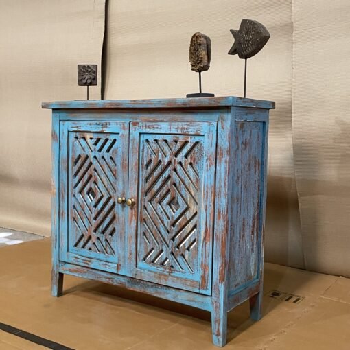 Handcrafted carved indian furniture handmade solid wood blue cabinet 80x30x99cm - Image 7