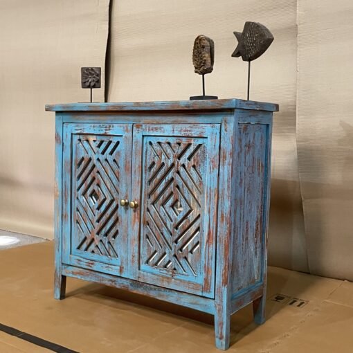 Handcrafted carved indian furniture handmade solid wood blue cabinet 80x30x99cm - Image 8