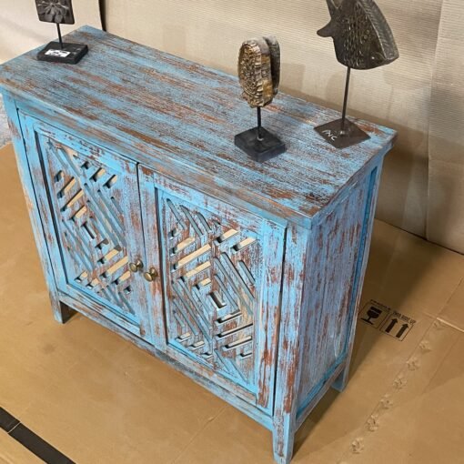 Handcrafted carved indian furniture handmade solid wood blue cabinet 80x30x99cm - Image 9