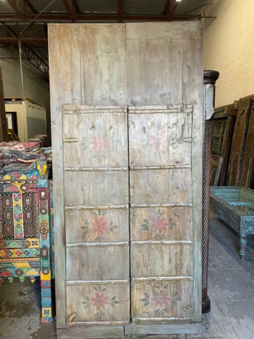 Antique Indian Door Carved Floral Handmade Rustic  Style Architectural Design Door Panel Blue 100x220Cm - Image 10