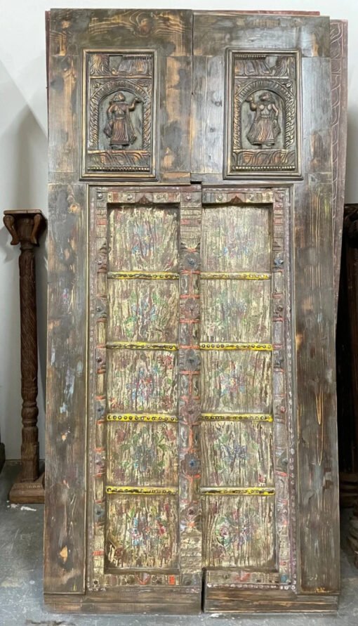 Antique Indian Door Carved Floral Handmade Rustic  Style Architectural Design Door Panel Blue 100x220Cm - Image 2