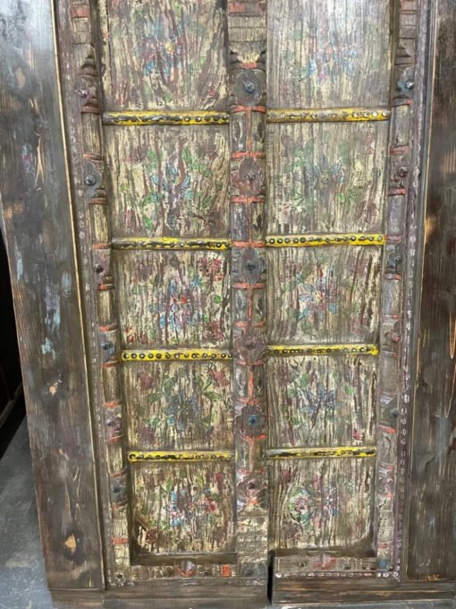 Antique Indian Door Carved Floral Handmade Rustic  Style Architectural Design Door Panel Blue 100x220Cm - Image 4