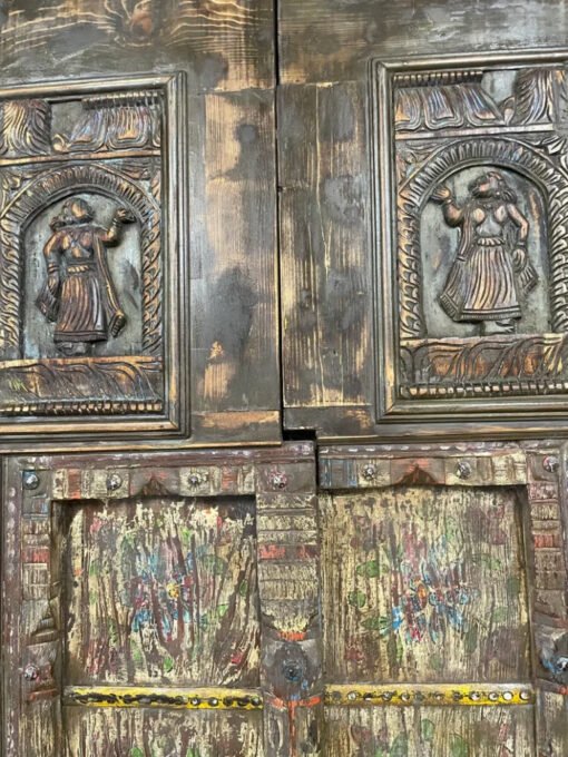 Antique Indian Door Carved Floral Handmade Rustic  Style Architectural Design Door Panel Blue 100x220Cm - Image 5