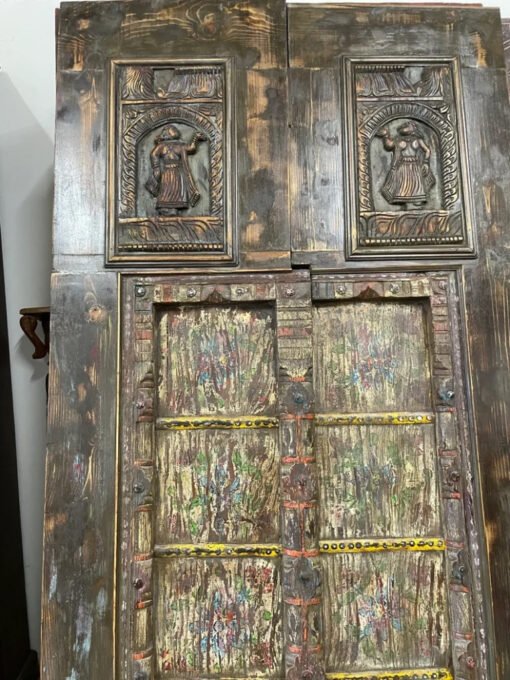Antique Indian Door Carved Floral Handmade Rustic  Style Architectural Design Door Panel Blue 100x220Cm - Image 6