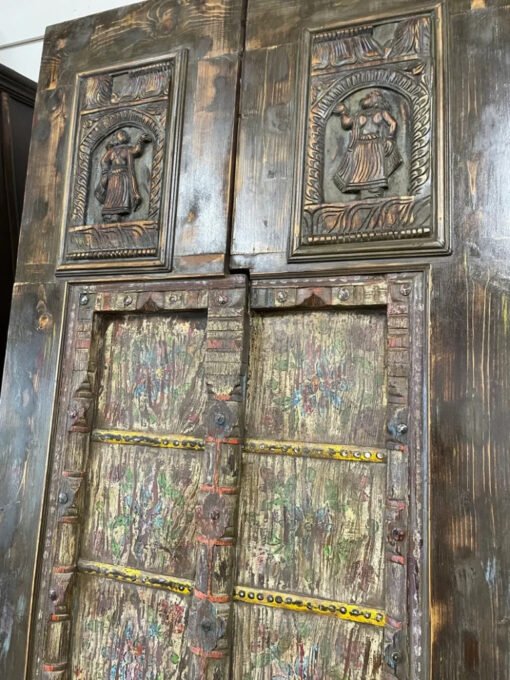 Antique Indian Door Carved Floral Handmade Rustic  Style Architectural Design Door Panel Blue 100x220Cm - Image 7