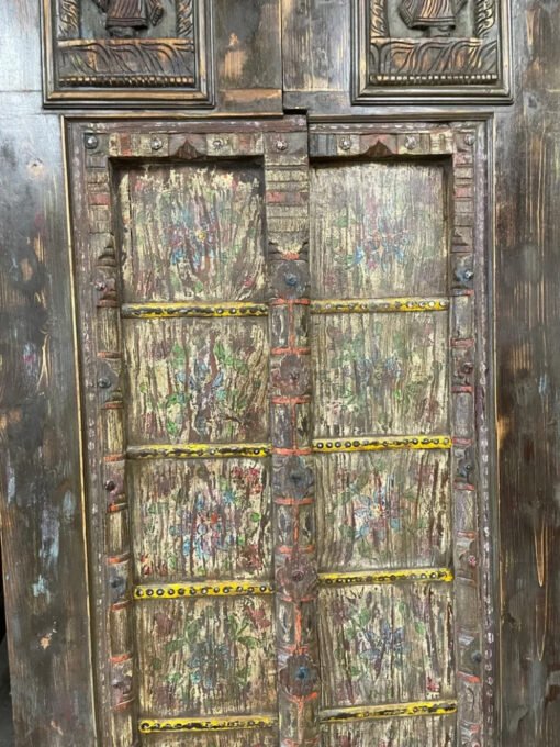 Antique Indian Door Carved Floral Handmade Rustic  Style Architectural Design Door Panel Blue 100x220Cm - Image 9