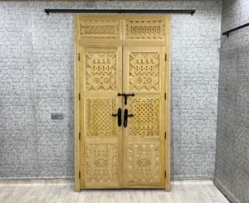 Handmade Carved Indian Style Solid Hard Wood Moroccan Custom Double Sided Work done on doors 140x220Cm - Image 11