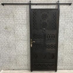Handmade Carved Indian Style Solid Hard Wood Moroccan Custom Single Sliding Barn Door Dark Brown 100x220Cm