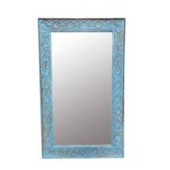 Handmade carved solid hard wood indian furniture mirror frame blue floral 80x3x130cm