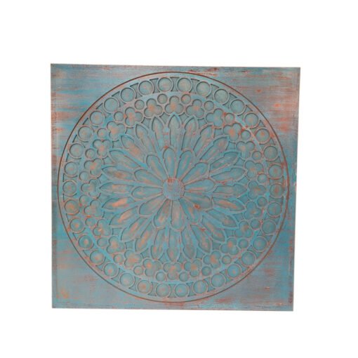 Handmade handcarved indian furniture solid wood wall panel mandala carvings rustic blue 105x5x105cm