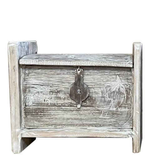 Handcrafted carved indian furniture handmade solid wooden box whitewash 42x30x40cm