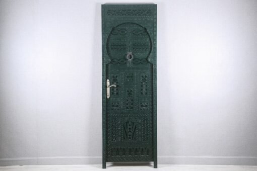 Handmade carved indian style solid hard wood moroccan custom single panel door dark green 86x220cm