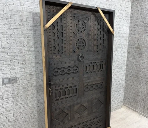 Handmade carved indian style solid hard wood moroccan custom single door brown 86x220cm - Image 8