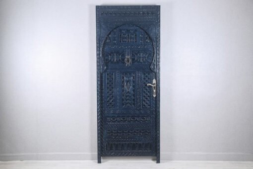Handmade carved indian style solid hard wood moroccan custom single panel door dark blue 86x220cm