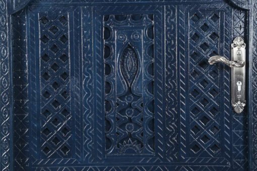Handmade carved indian style solid hard wood moroccan custom single panel door dark blue 86x220cm - Image 2