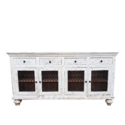 Carved indian furniture handmade solid wood sideboard with jaali door with 4 drawers white 195x45x100cm
