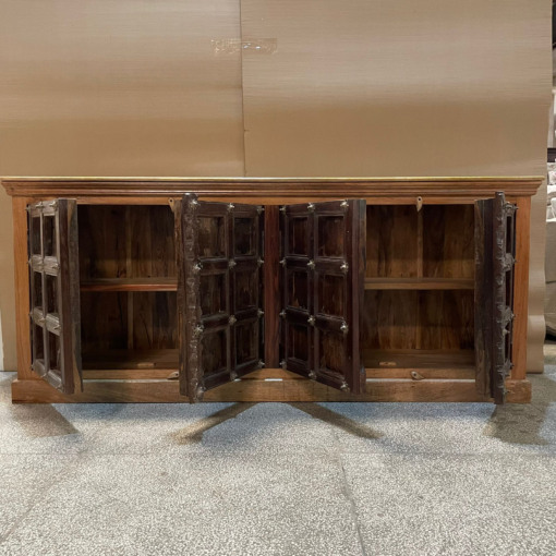 Antique indian furniture handmade solid wood sideboard carved doors brown 207x45x88cm - Image 4