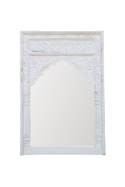 Mehrab indian hand carved mirror arched globe wooden wall decor 80x120cm white
