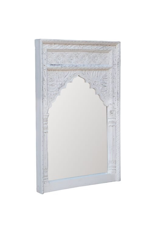 Mehrab indian hand carved mirror arched globe wooden wall decor 80x120cm white - Image 3