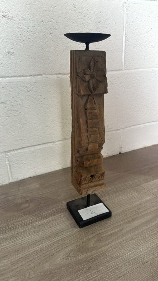 Raw natural candle holder with carved flowers 8x8x40cm - Image 2