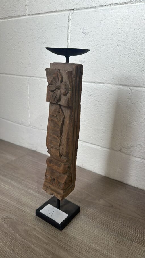 Raw natural candle holder with carved flowers 8x8x40cm - Image 3