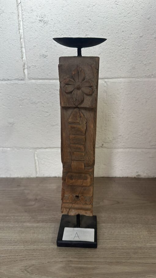 Raw natural candle holder with carved flowers 8x8x40cm - Image 4