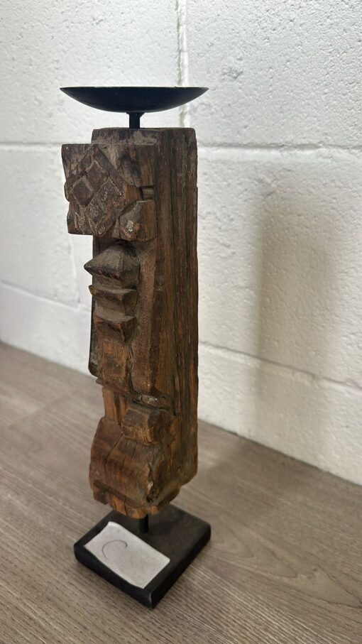 Raw natural candle holder with carved flowers 8x8x40cm - Image 6