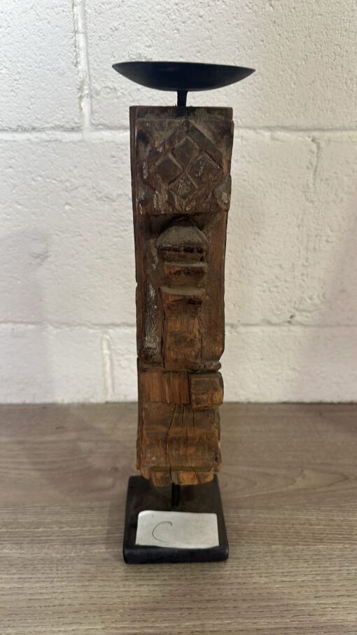 Raw natural candle holder with carved flowers 8x8x40cm