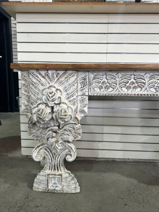 Floral console table rustic white with natural top 150x40x90 - Image 5