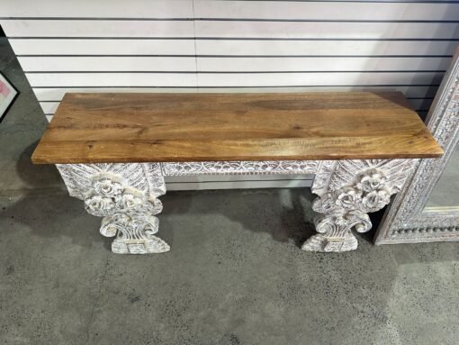 Floral console table rustic white with natural top 150x40x90 - Image 2