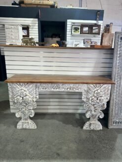 Floral console table rustic white with natural top 150x40x90