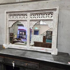 Mehrab 2 Arched Hand Carved Window Mirror Frame Whitewash 120x90 Cm