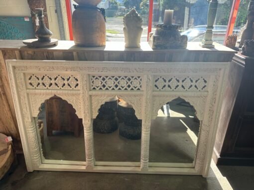 Mehrab 3 Arched Hand Carved Window Mirror Frame Whitewash 150x90 Cm