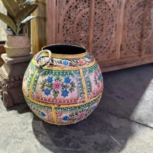 Round hand painted metal pot planter 80x80x45cm